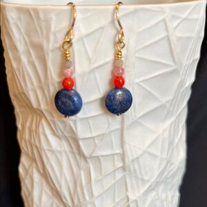 Gold Drop Earrings with Lapis, Coral, Pink Opal and Moonstone Beads